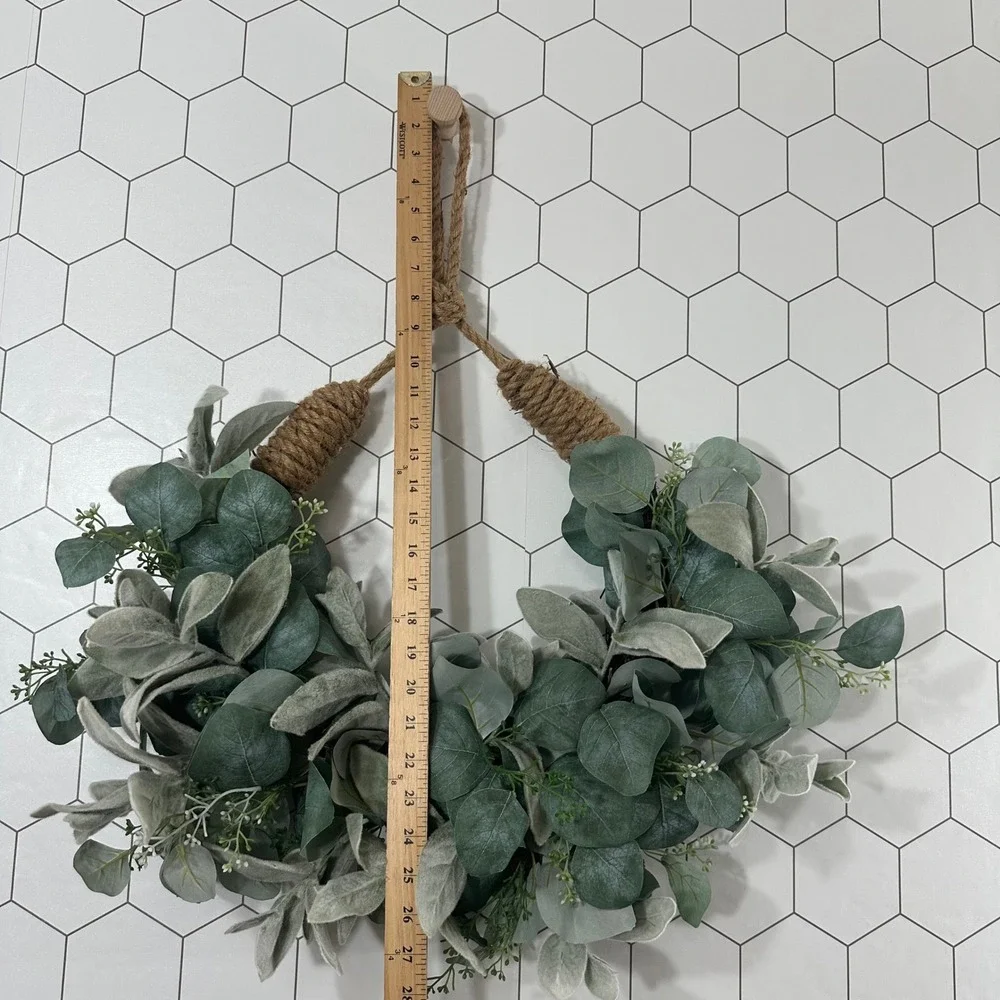 Faux Eucalyptus Lambs Ear Wreath Rustic Jute Rope Hanger Mixed Greenery 22in